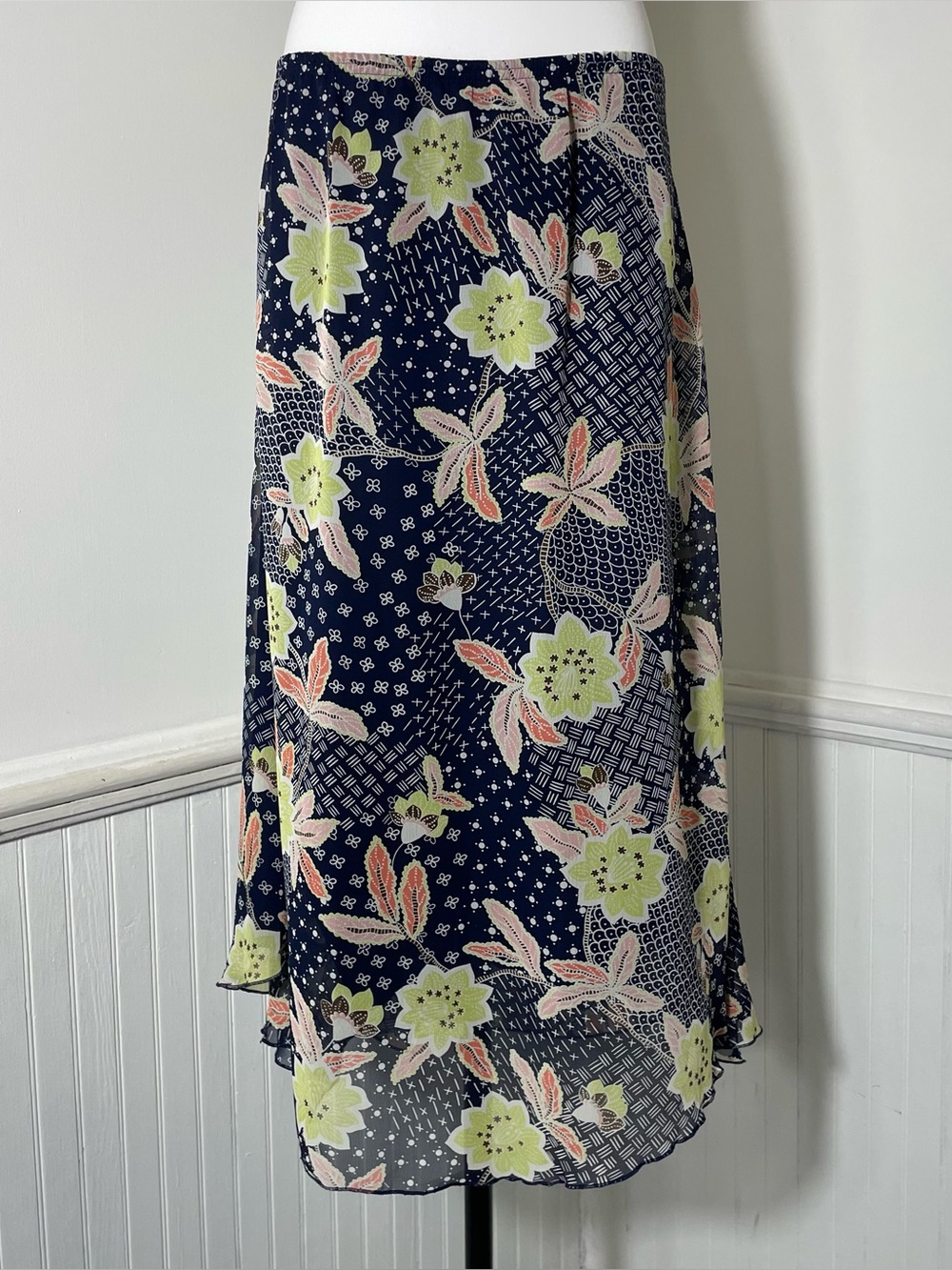 Sag Harbor - Black Blue Yellow Floral Mesh Midi Maxi Skirt